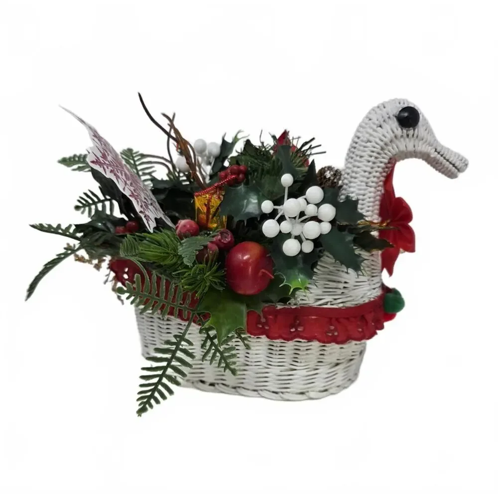 Vintage White Wicker Duck Basket Christmas Floral Centerpiece